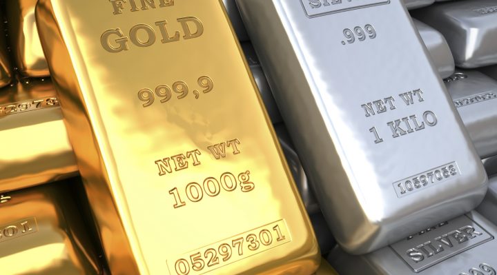 Silver ingot and gold bullion. Finance illustration